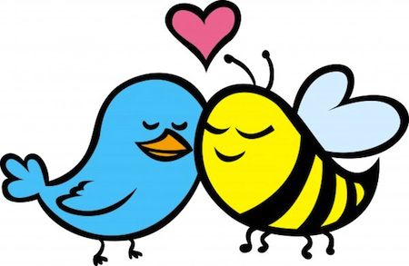 A bird (for Chirpify) and a bee (for Beeminder) blissfully in love