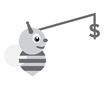 A bee with a dollar sign hanging from a stick coming out of its head like a carrot