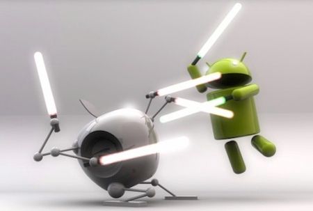 An apple and an android having a lightsaber fight, as they're wont to do