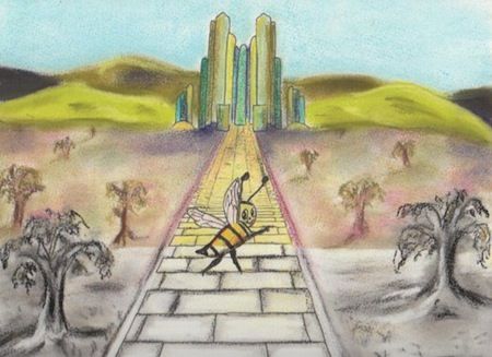The Beeminder bee walking down the yellow brick road to akrasia-free bliss