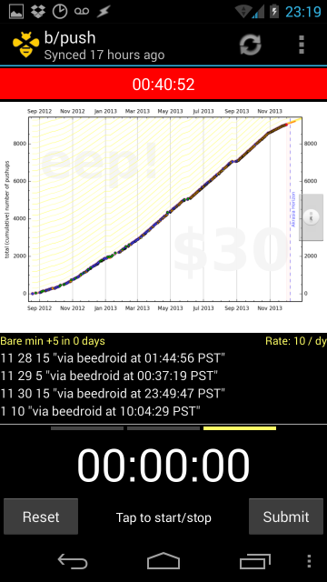 Beeminder Android app screenshot of the timer data entry screen