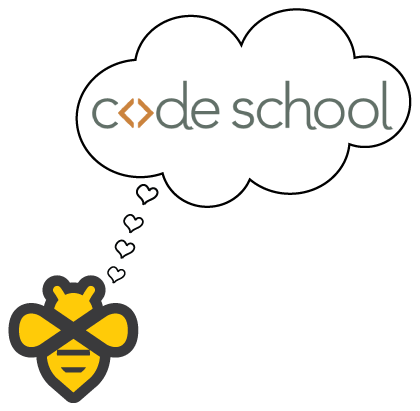 The infinibee with a thought bubble with the Code School logo in it