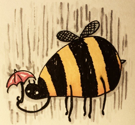 A bee with an umbrella getting rained on
