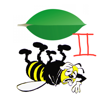 Dazed bee under the MongoDB logo