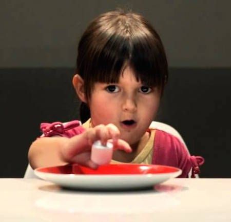 A kid grabbing a marshmallow off a plate