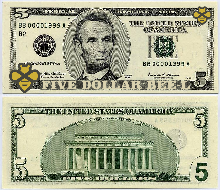 A five dollar bill with bees on it