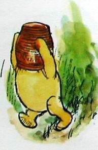 Winnie the Pooh with his head stuck in a jar of honey
