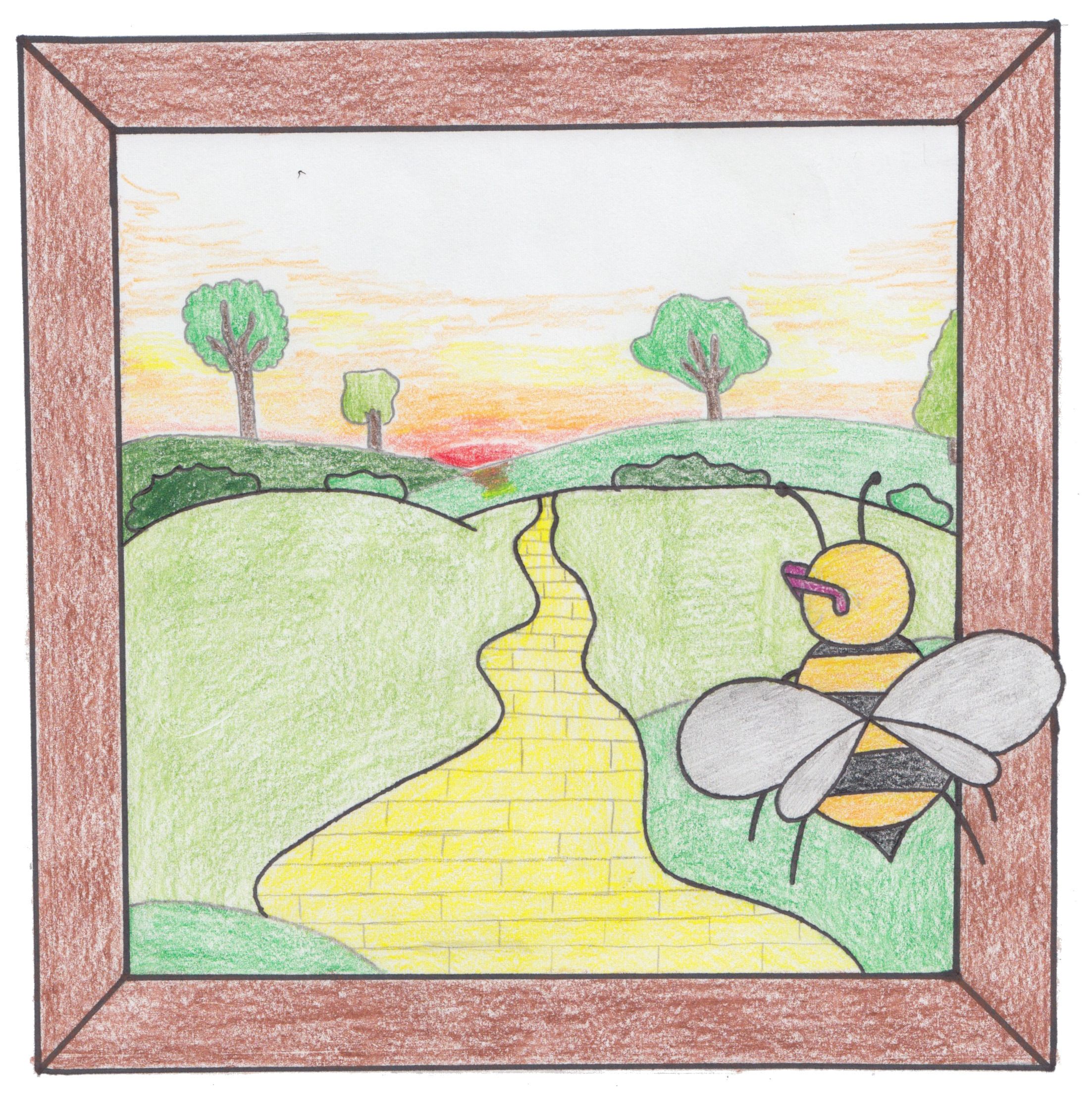 A bee dressed as Elton John looking out at a yellow brick road
