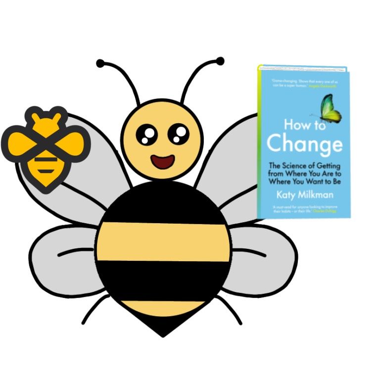 A bee holding the Beeminder logo and the book _How To Change_