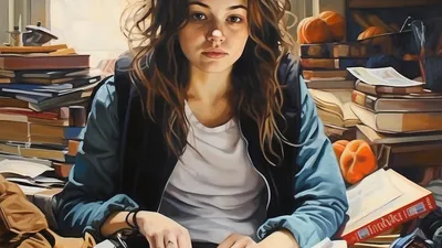 A slightly disheveled college student surrounded by books and study materials