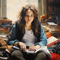 A slightly disheveled college student surrounded by books and study materials