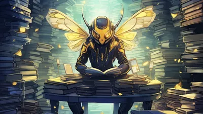 A robotic bee in a sea of books