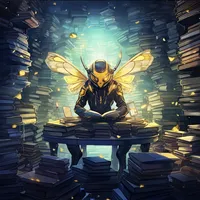 A robotic bee in a sea of books