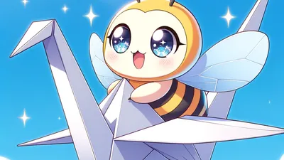 An anime bee riding on an origami crane
