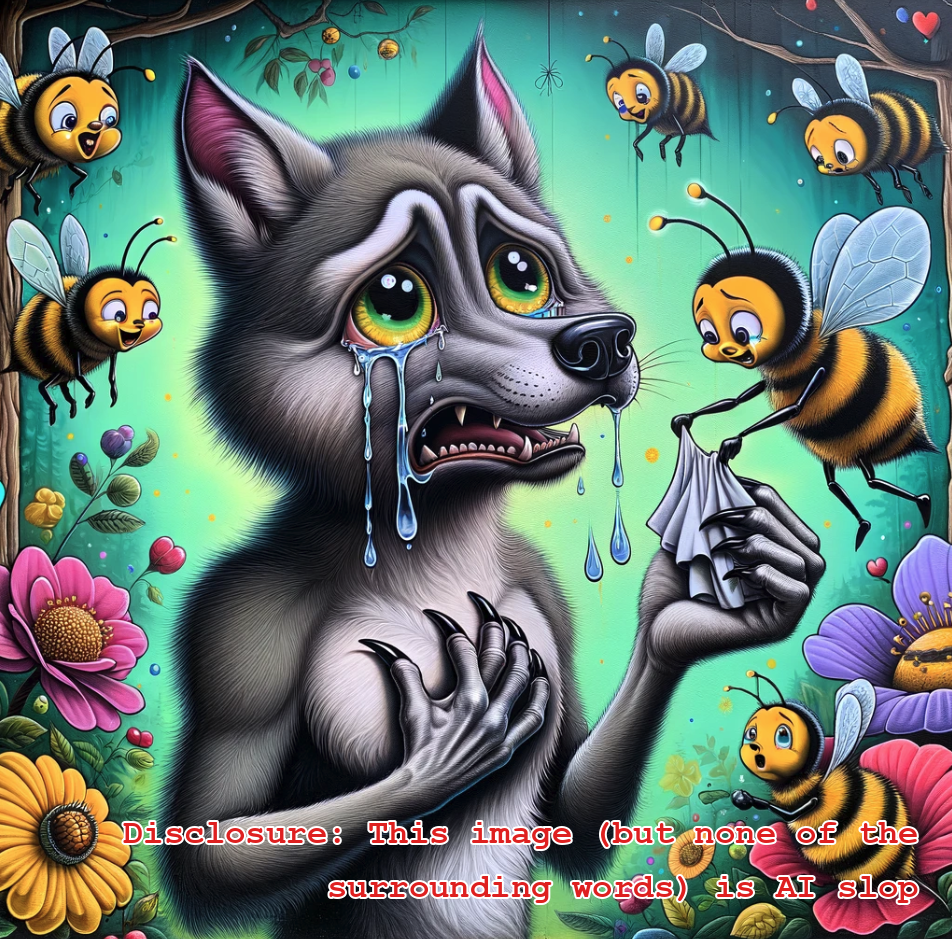 A photo of a wolf with a big cartoon teardrop