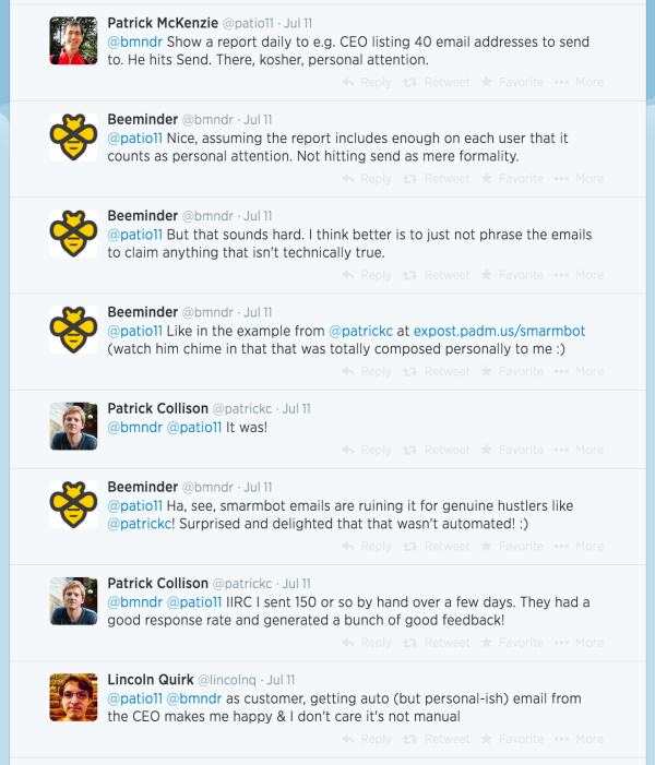 Screenshot of the Twitter dialog between @bmndr and @patio11 and @lincolnq and @patrickc