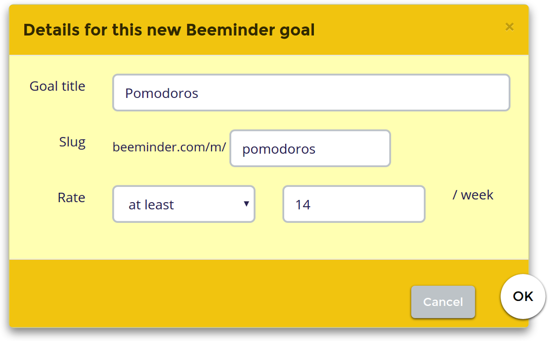 Screenshot of the Beeminder modal for creating a Beeminder goal in Complice