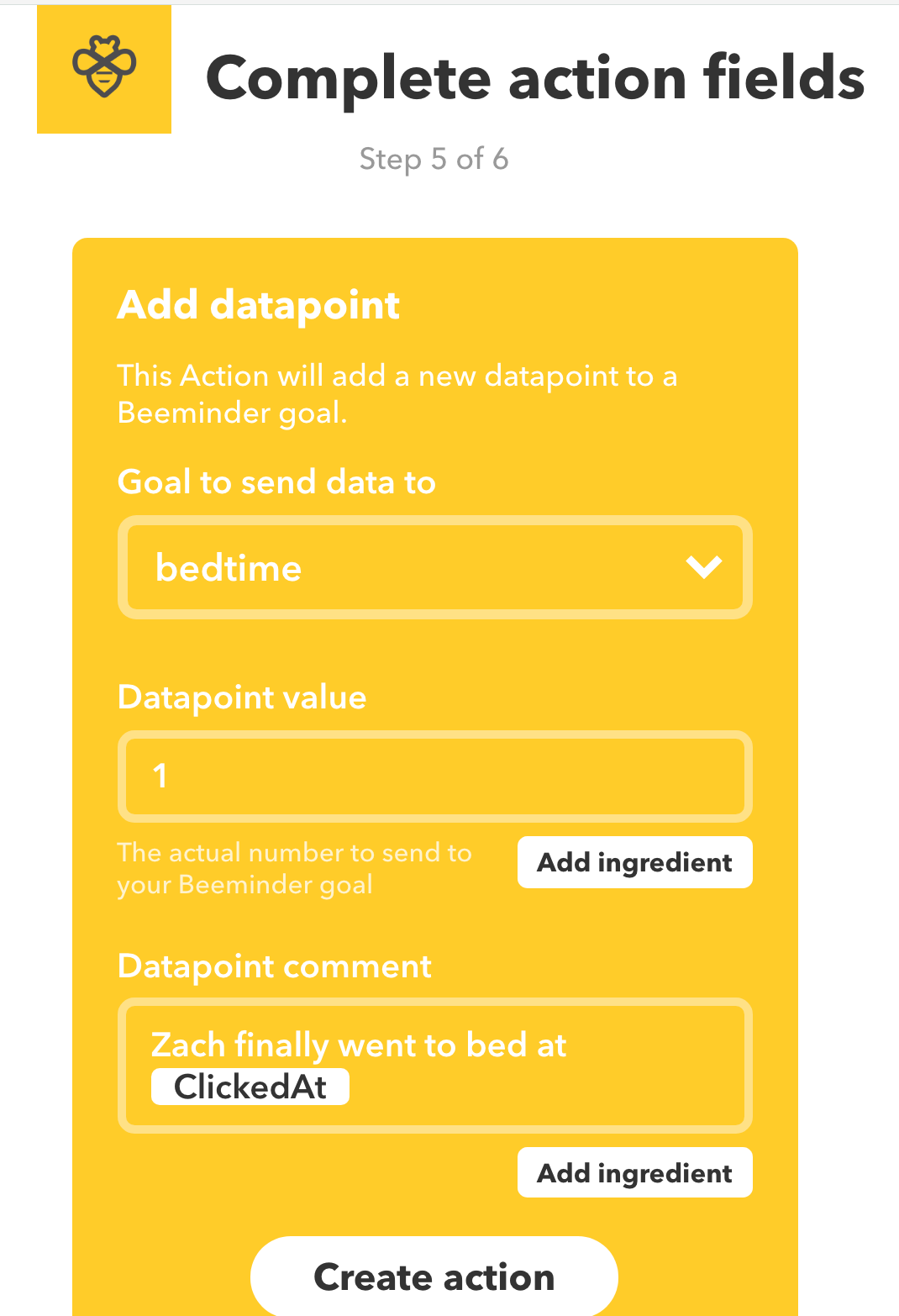 Screenshot of filling in the details for how the datapoint is added to Beeminder