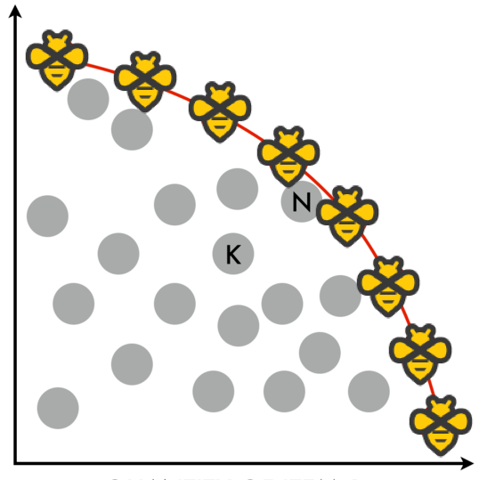 A graph of a Pareto frontier in 2 dimensions, with infinibees as points