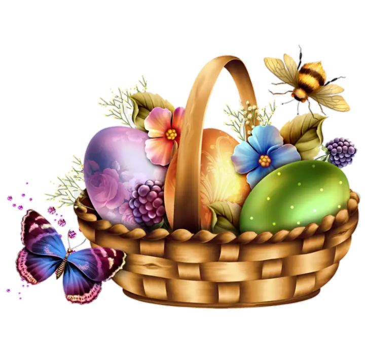 A basket of eggs with a bee flying around it. And a butterfly but we don't care about butterflies.