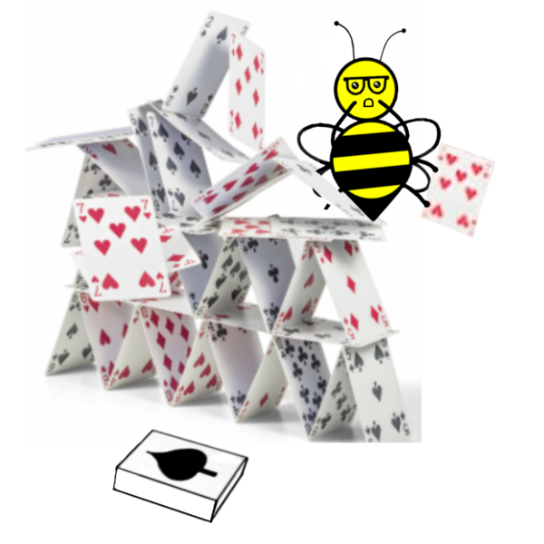 A bee accidentally toppling a card house