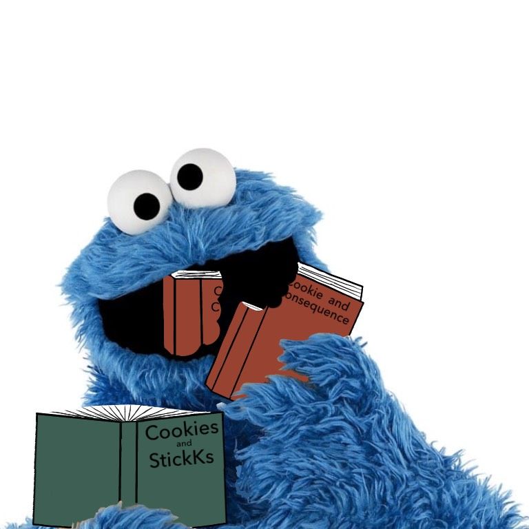 Cookie Monster eating books with titles 'Cookies and StickKs' and 'Cookie and Consequence'