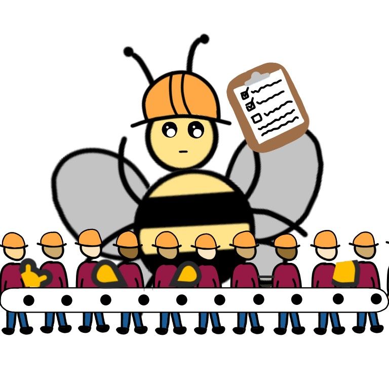 A workerbee making an assembly line of humans do its bidding