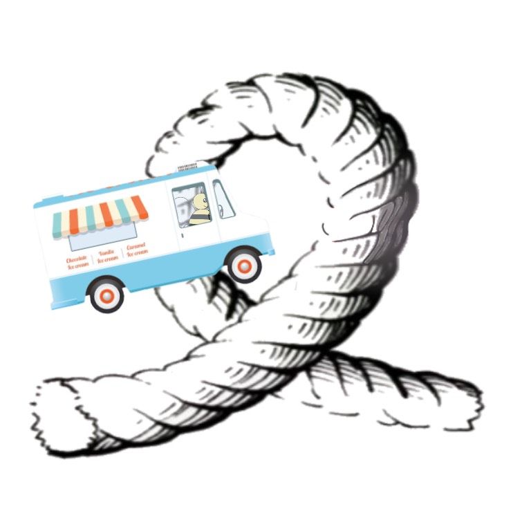 A bee driving an ice cream truck through a loop of rope