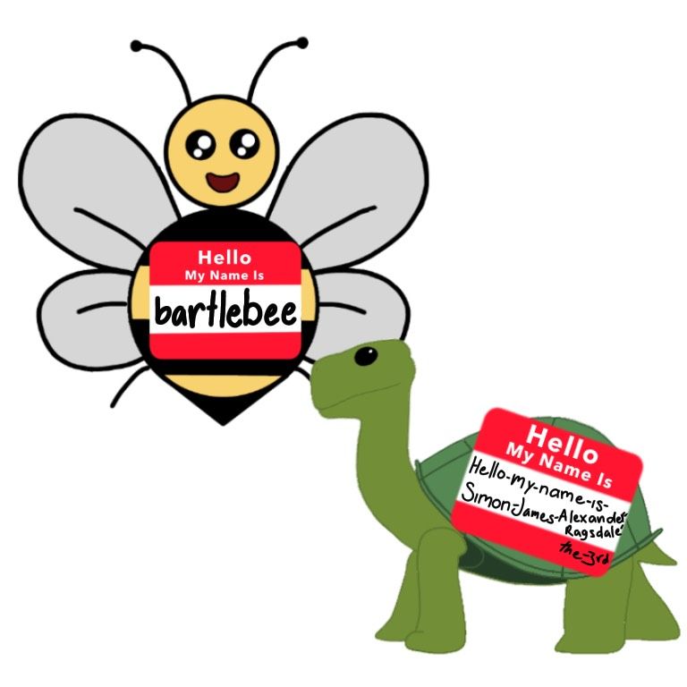 Bee named Bartlebee and turtle named Hello-my-name-is-Simon-James-Alexander-Ragsdale-the-3rd