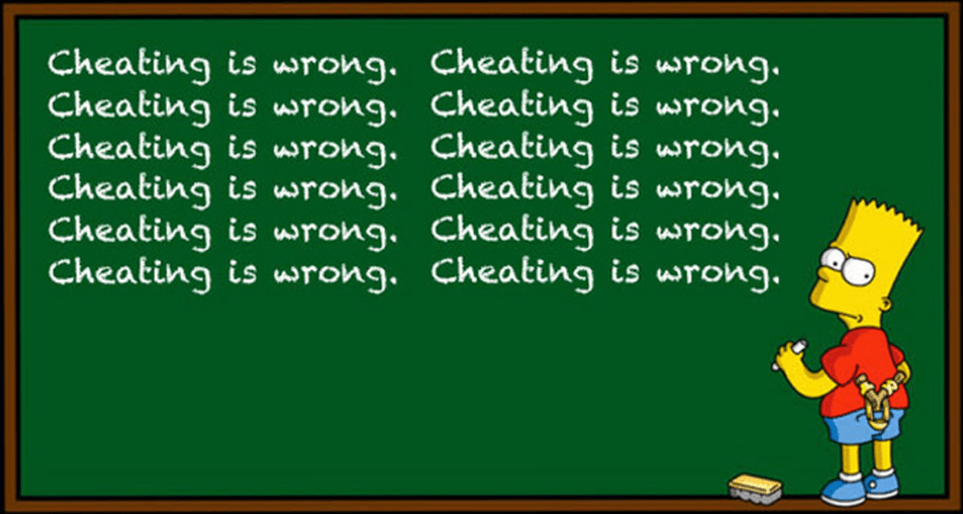 Bart Simpson writing 'cheating is wrong' again and again on a chalkboard