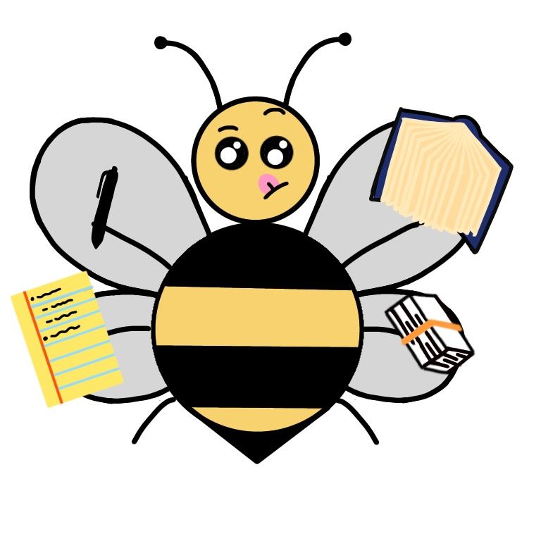 A bee holding notes and books and such