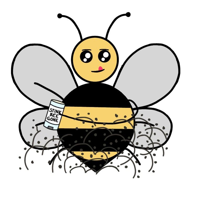 A dirty bee with a can of stink-bee-gone