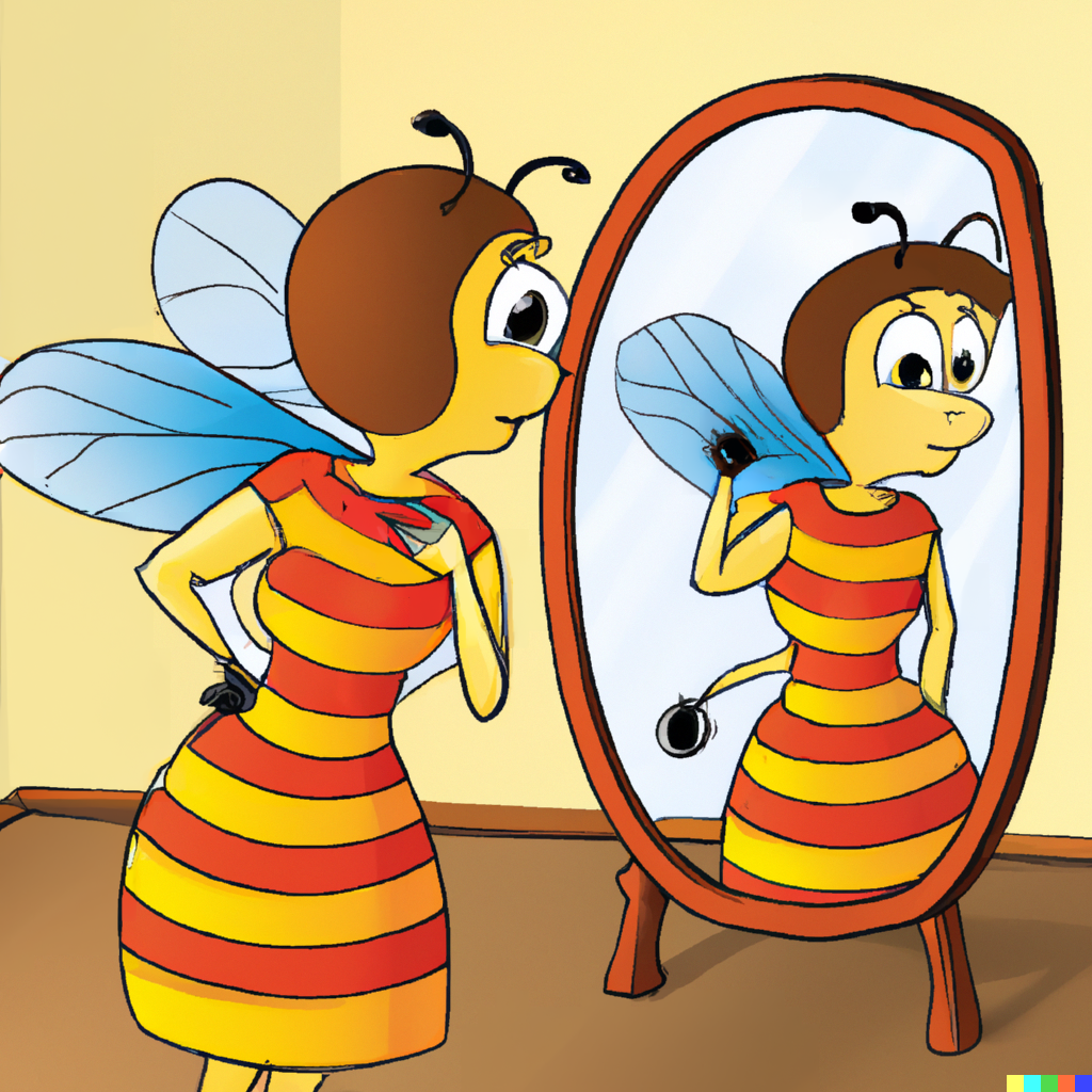 A cartoon bee in an orange and red striped dress