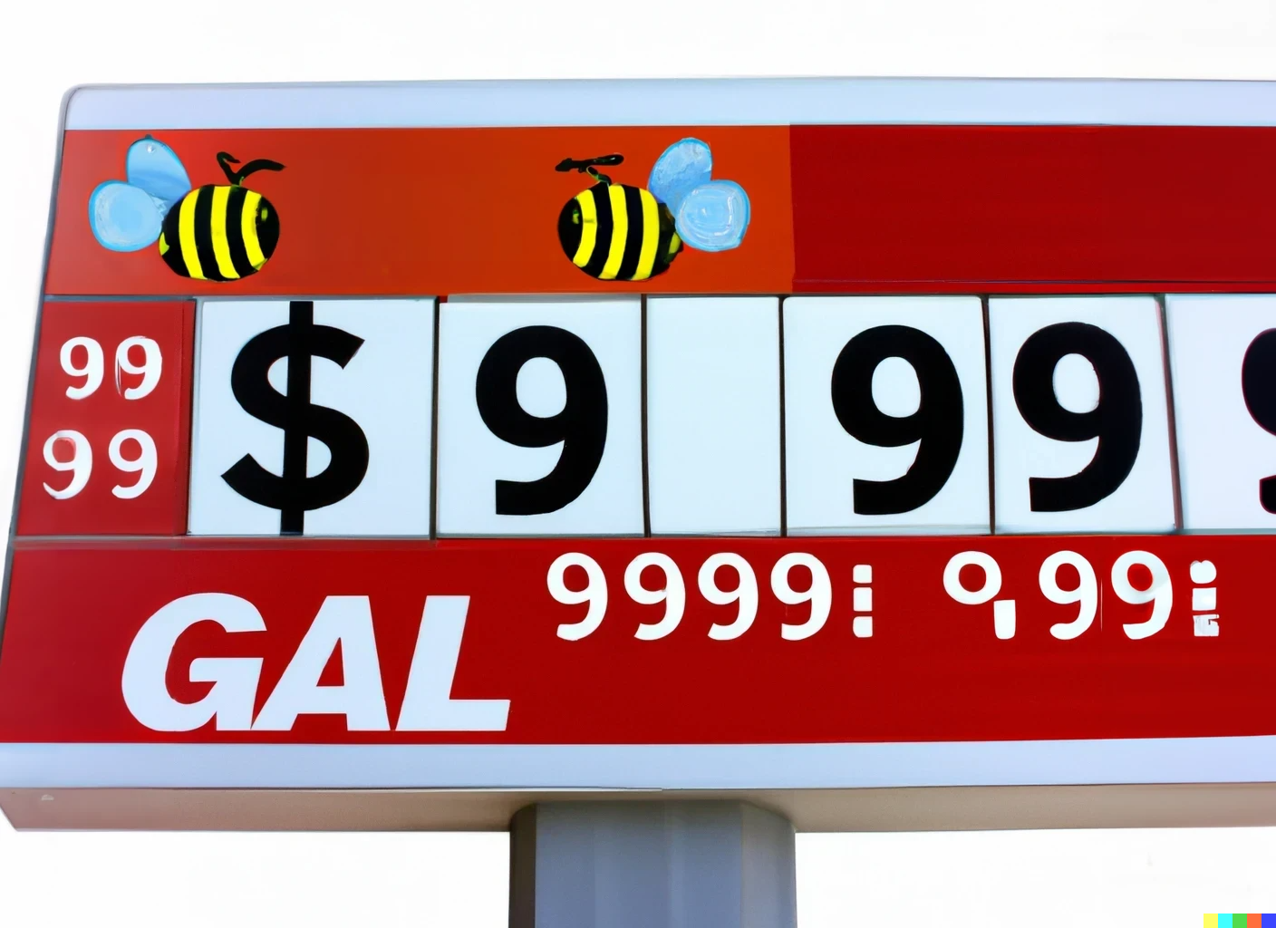 A gas station sign advertising $9.999/gallon gas