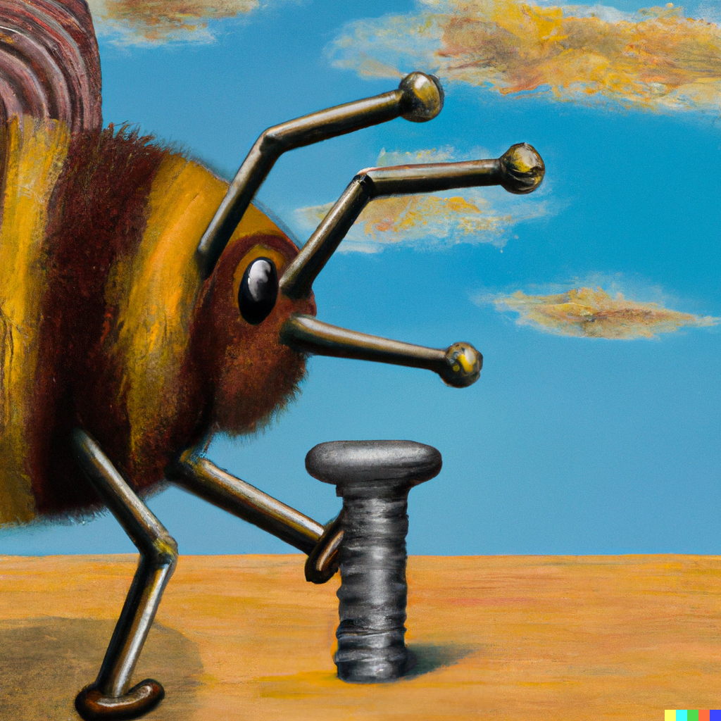DALL-E: derailing it is nailing it, surrealistic painting featuring a bee hammering a nail