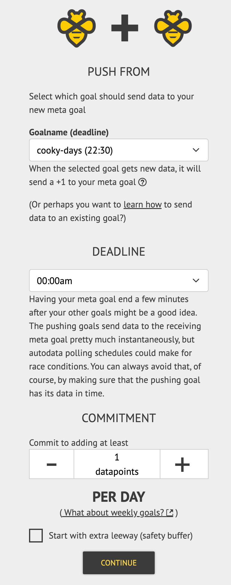 Screenshot of the meta goal creation UI
