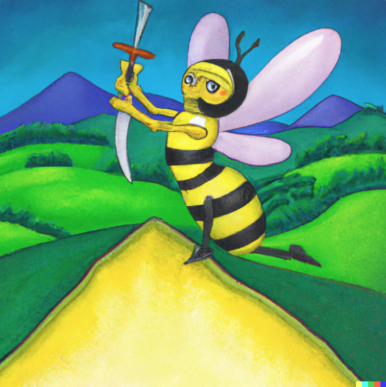 A cartoon bee committing hara-kiri on a hill