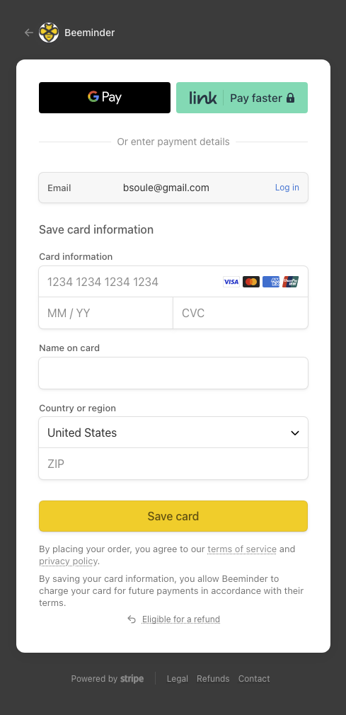 Other popup window with credit card fields