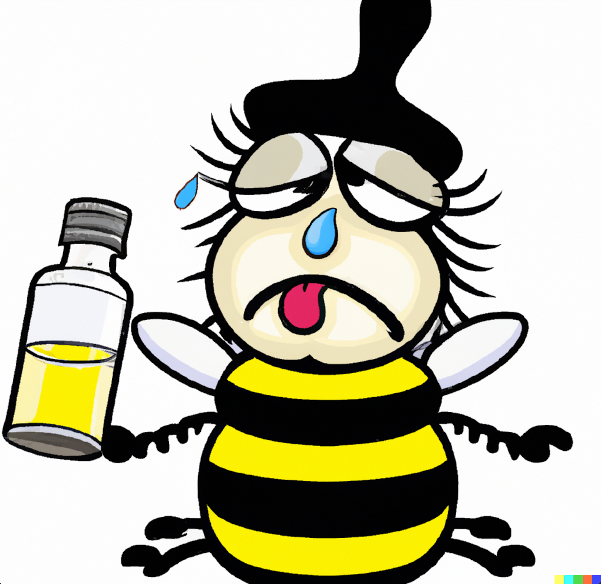 DALL-E image of a cartoon bee looking ill drinking a vial of a toxin