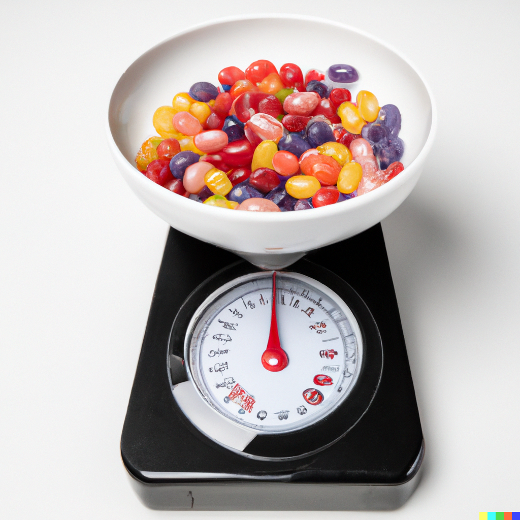 A picture of a scale with a bowl of jellybeans on it that's been tared