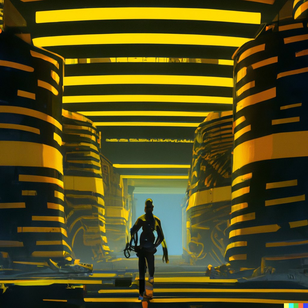 Silhoutted person entering a yellow and black striped gateway