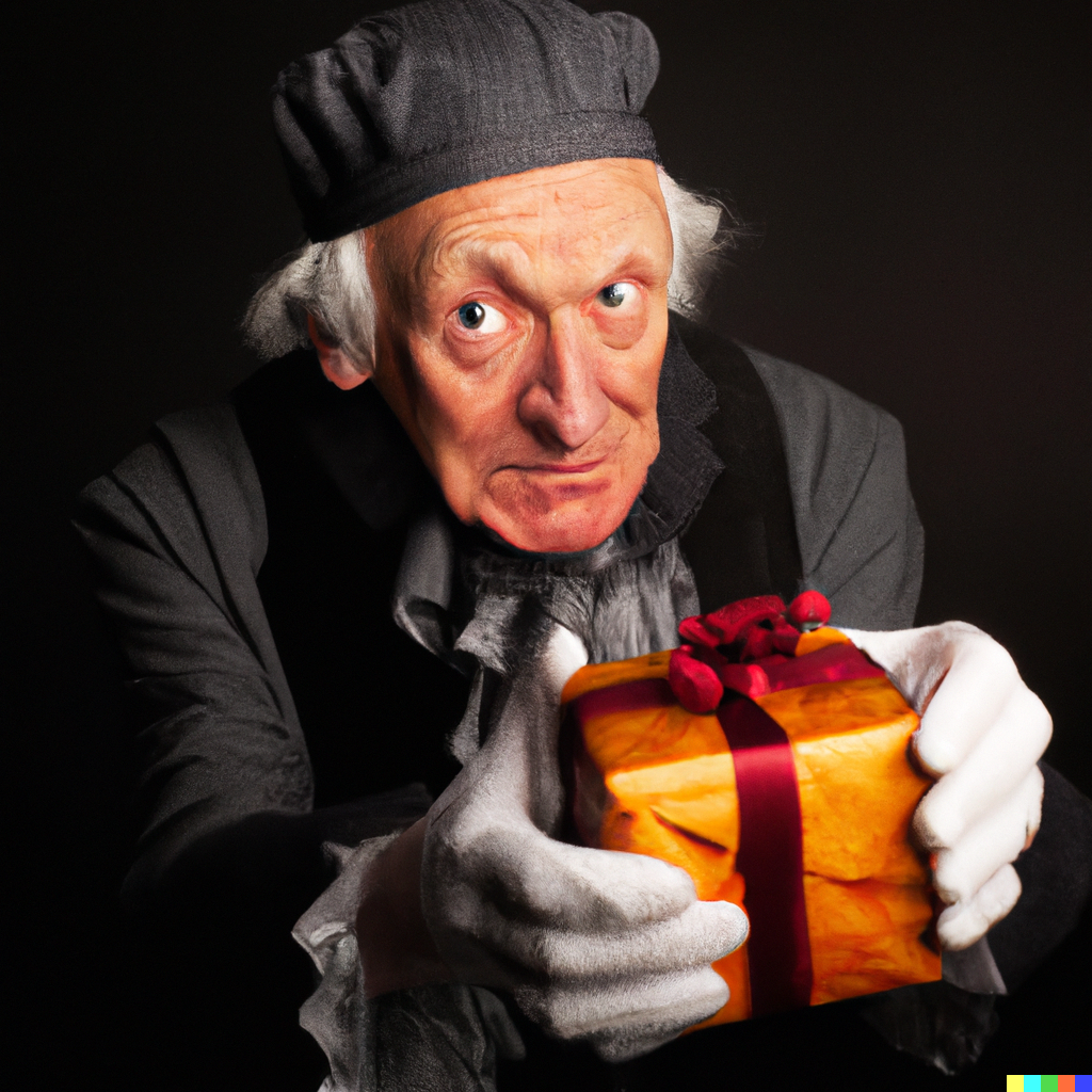 Ebenezer Scrooge holding a gift