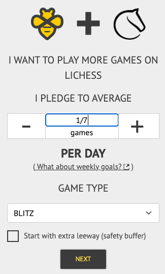 Screenshot of the goal creation page: I want to play more games on Lichess. I pledge to average 1/7 games per day, game type: Blitz. Etc.