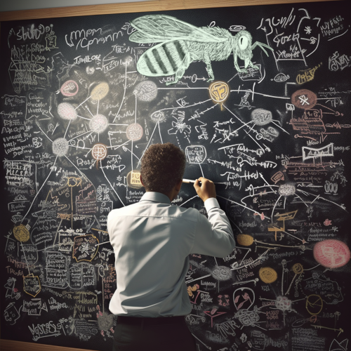 A person solving problems on a blackboard, and also a drawing of a bee