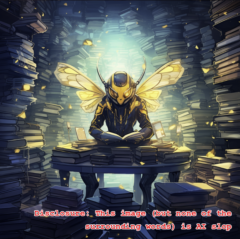 A robotic bee in a sea of books