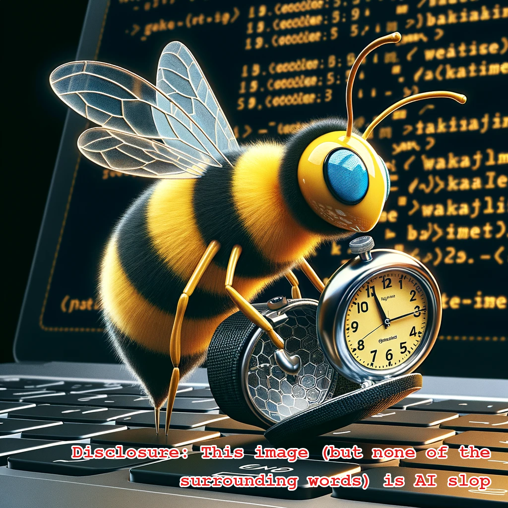A busy bee coding with a stopwatch