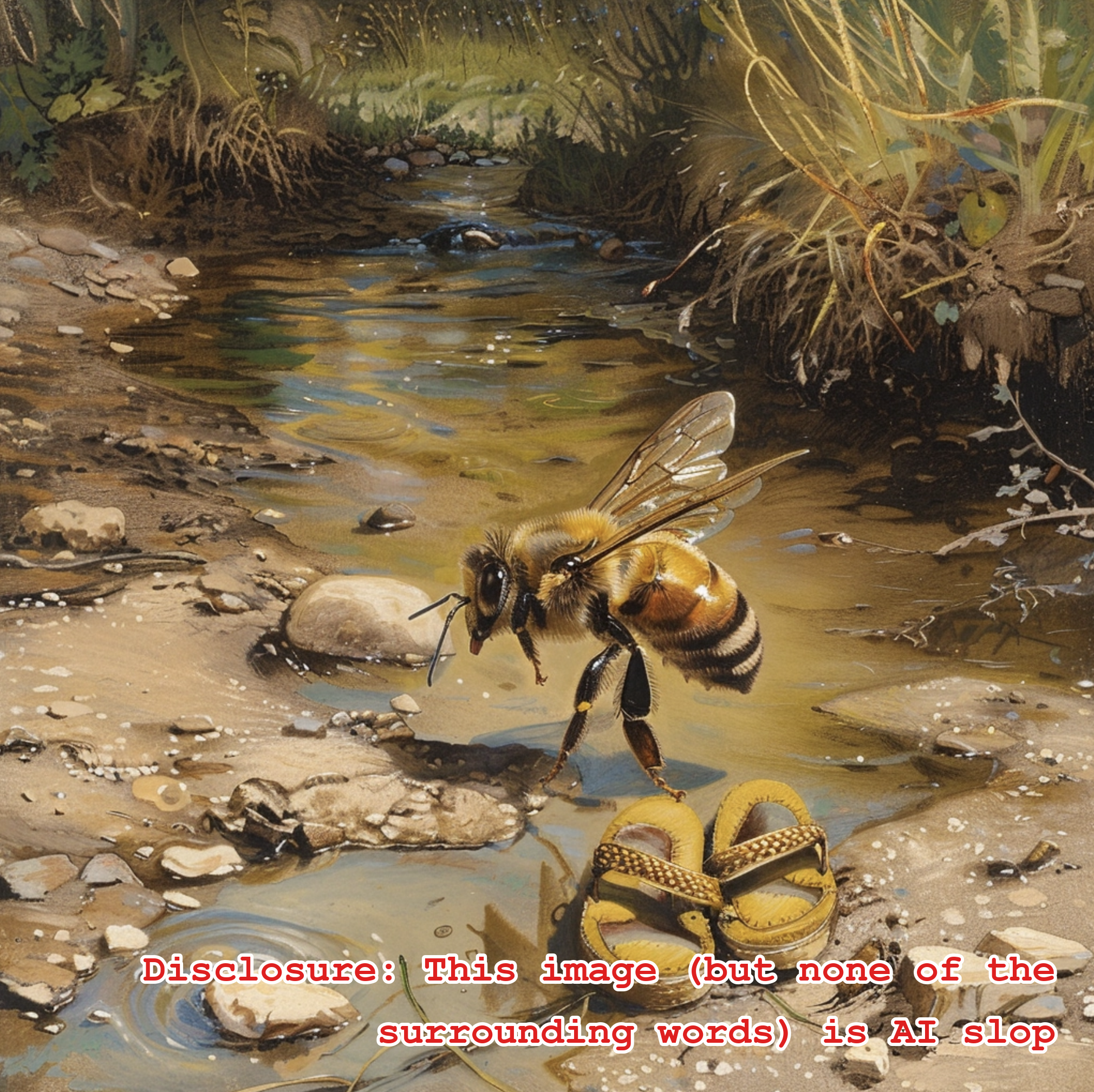 A bee, a stream, and a pair of sandals