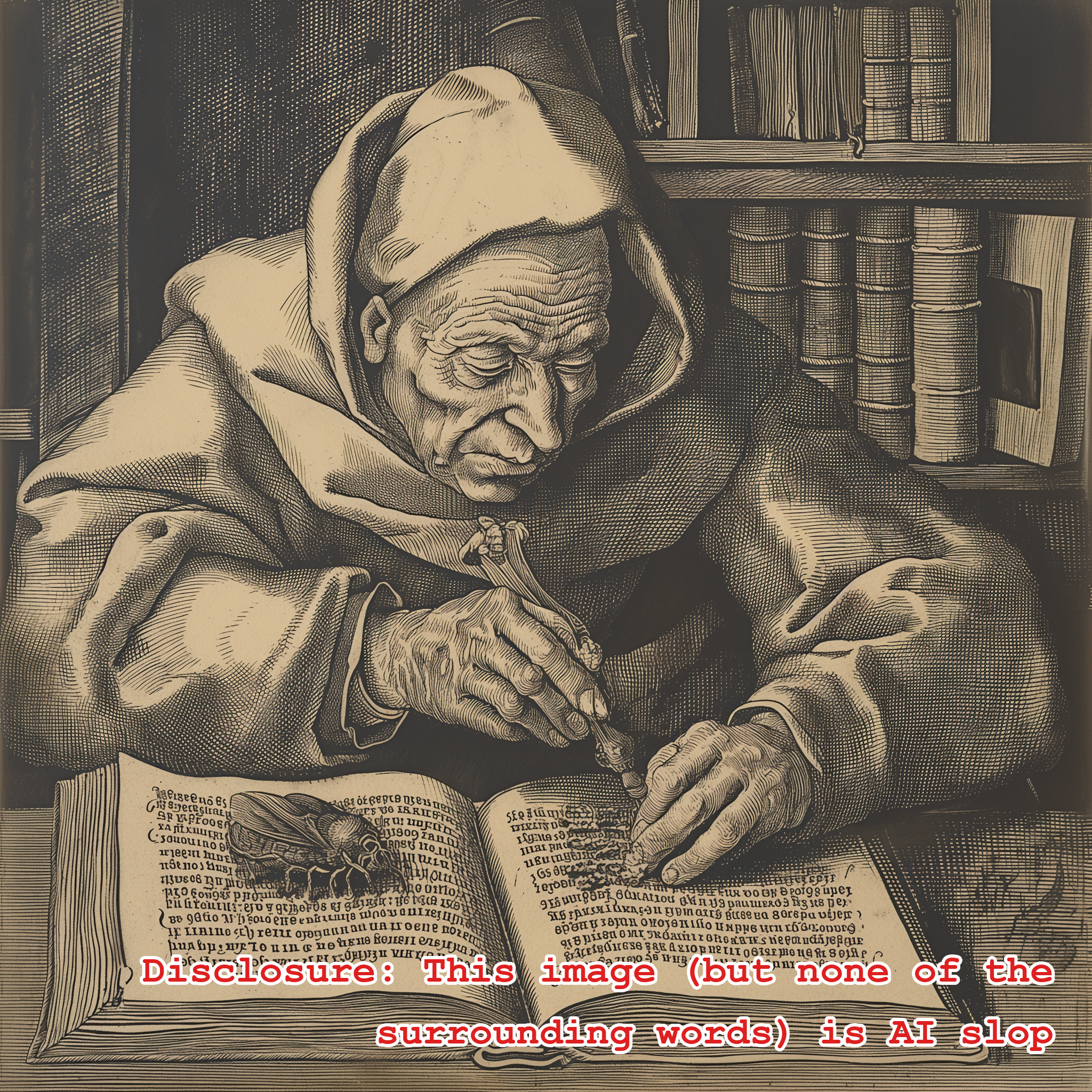 An etching of a monk working on a journal with obligatory random bee