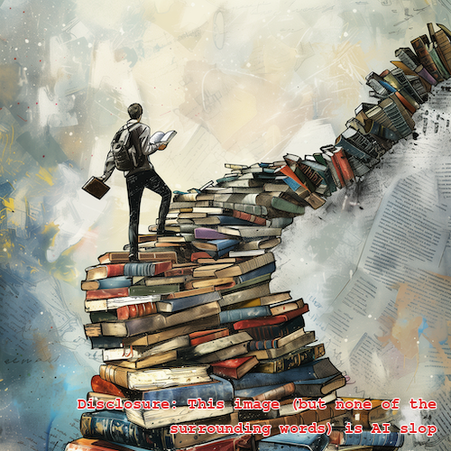 A man wearing a backpack, walking up a staircase made out of books