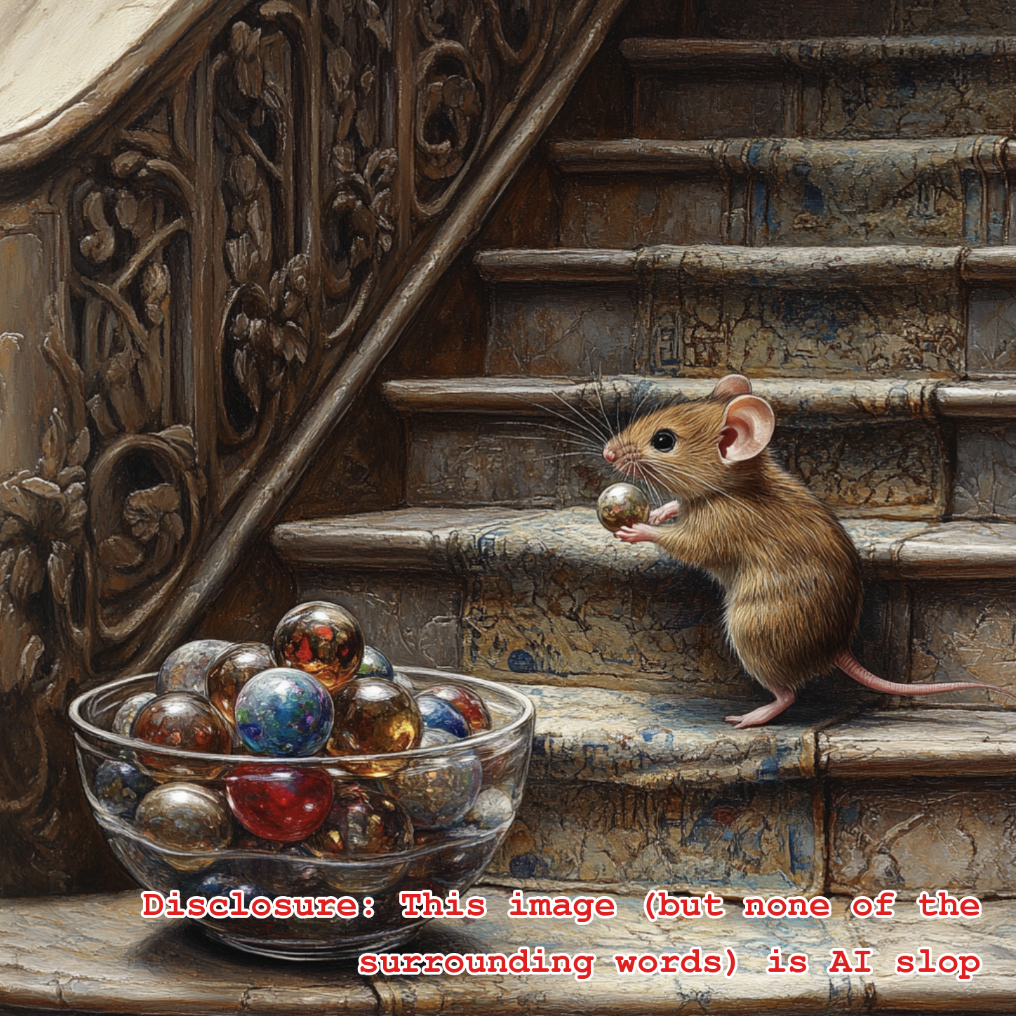 A mouse carrying a single marble up the stairs